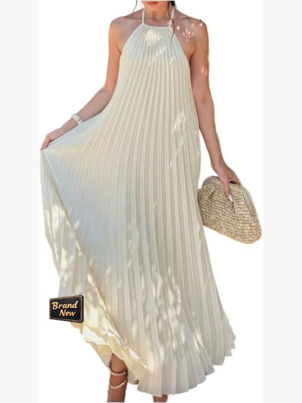 Womens Pleated Halter Maxi Dress Flowy Backless Summer Long Dress